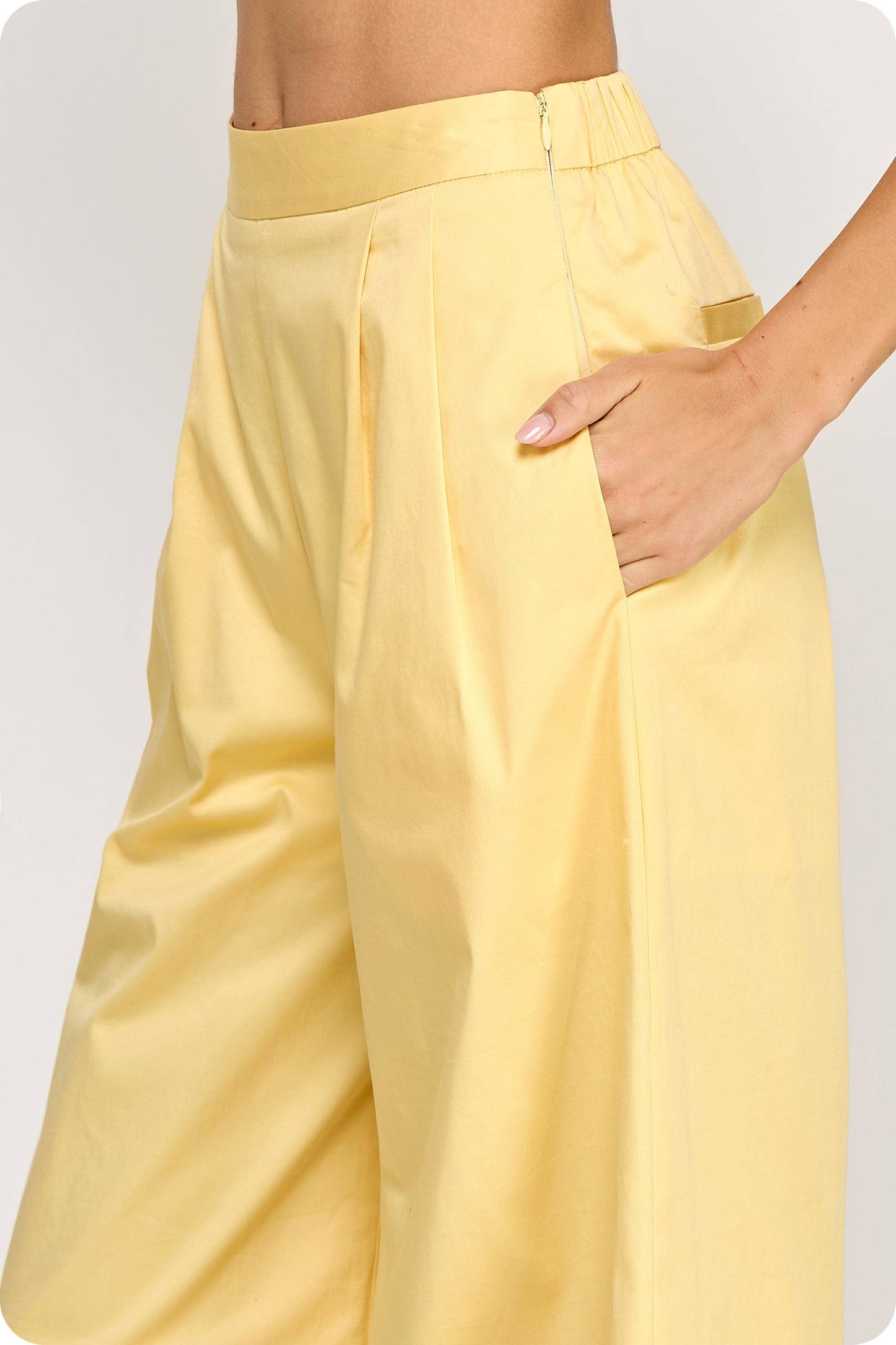 Butter Yellow Pleat Detail Wide Leg Twill Pants