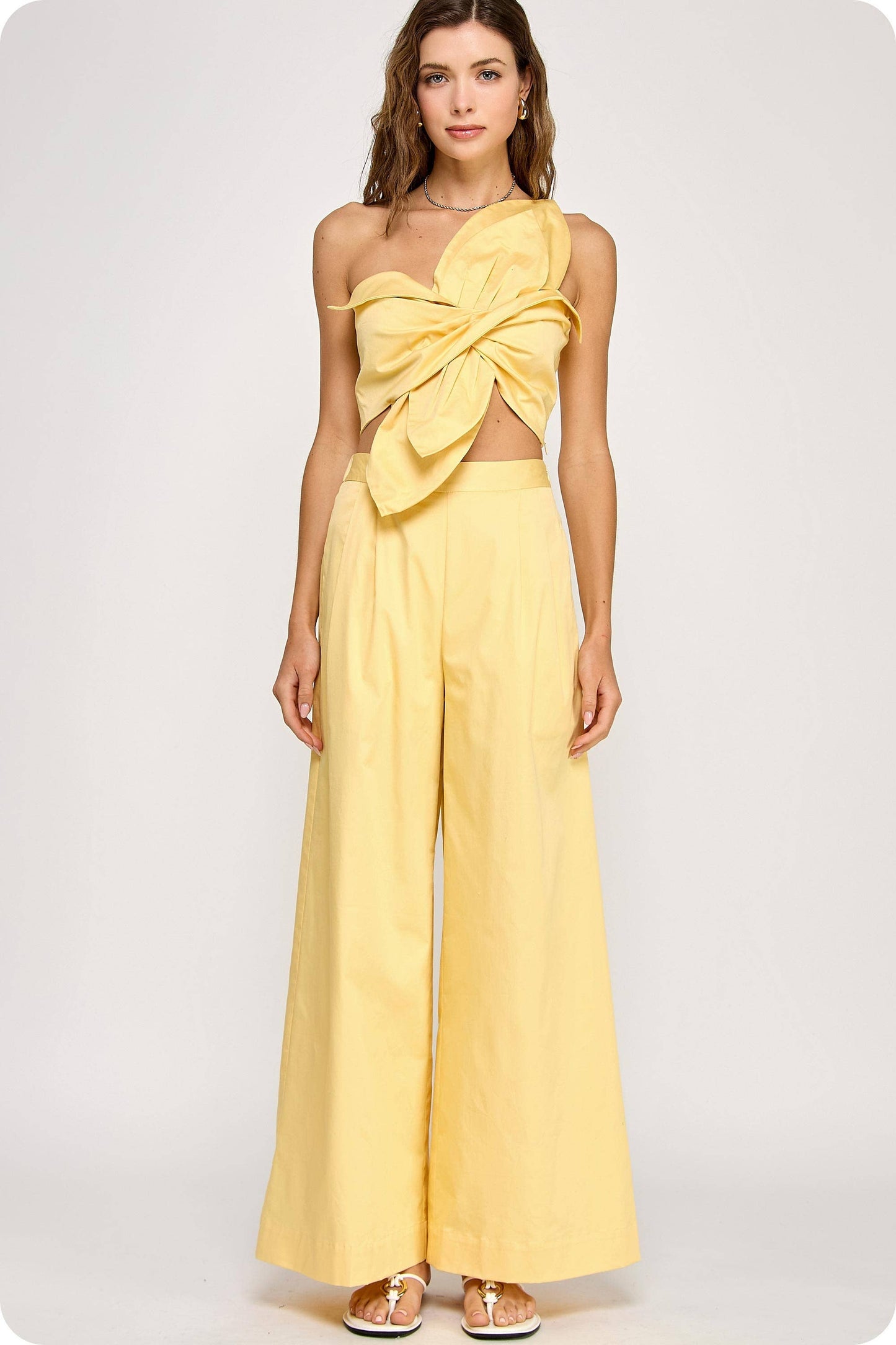 Butter Yellow One-Shoulder Knotted Flower Bow Crop Top