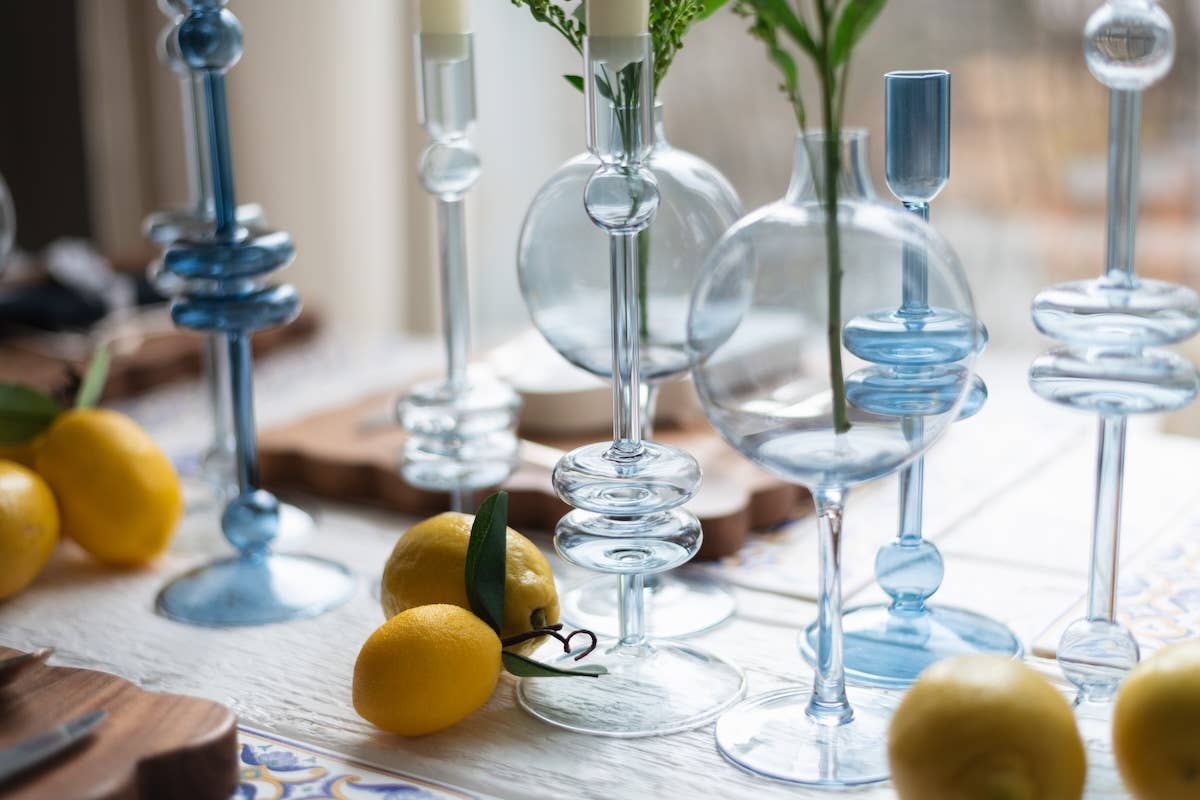 Denim Blue Glass Taper Candlestick Holder Pair, Medium