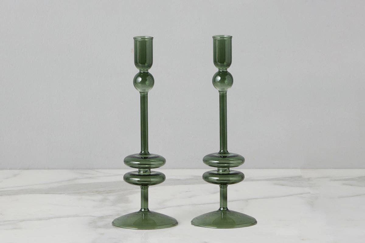 Emerald Green Glass Taper Candlestick Holder Pair, Medium