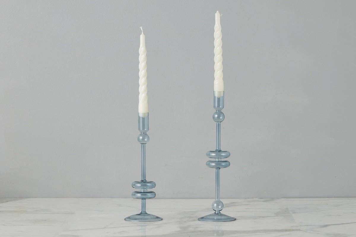 Denim Blue Glass Taper Candlestick Holder Pair, Medium