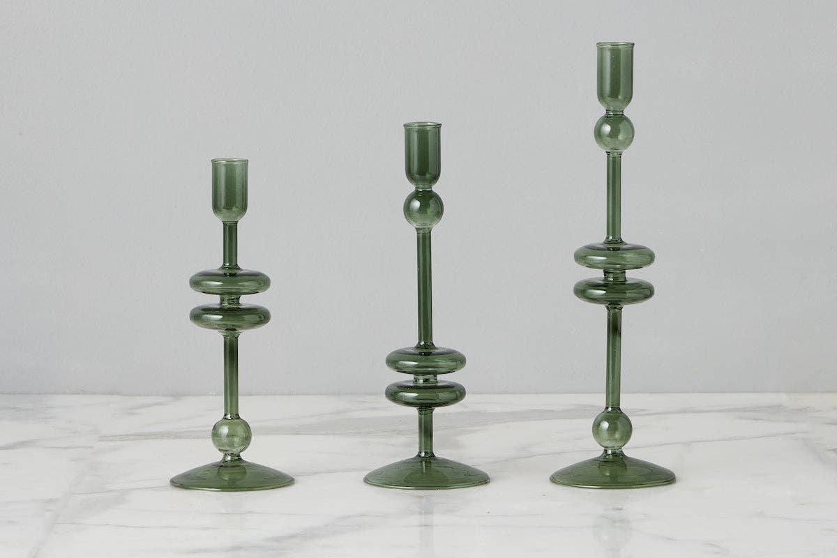 Emerald Green Glass Taper Candlestick Holder Pair, Medium