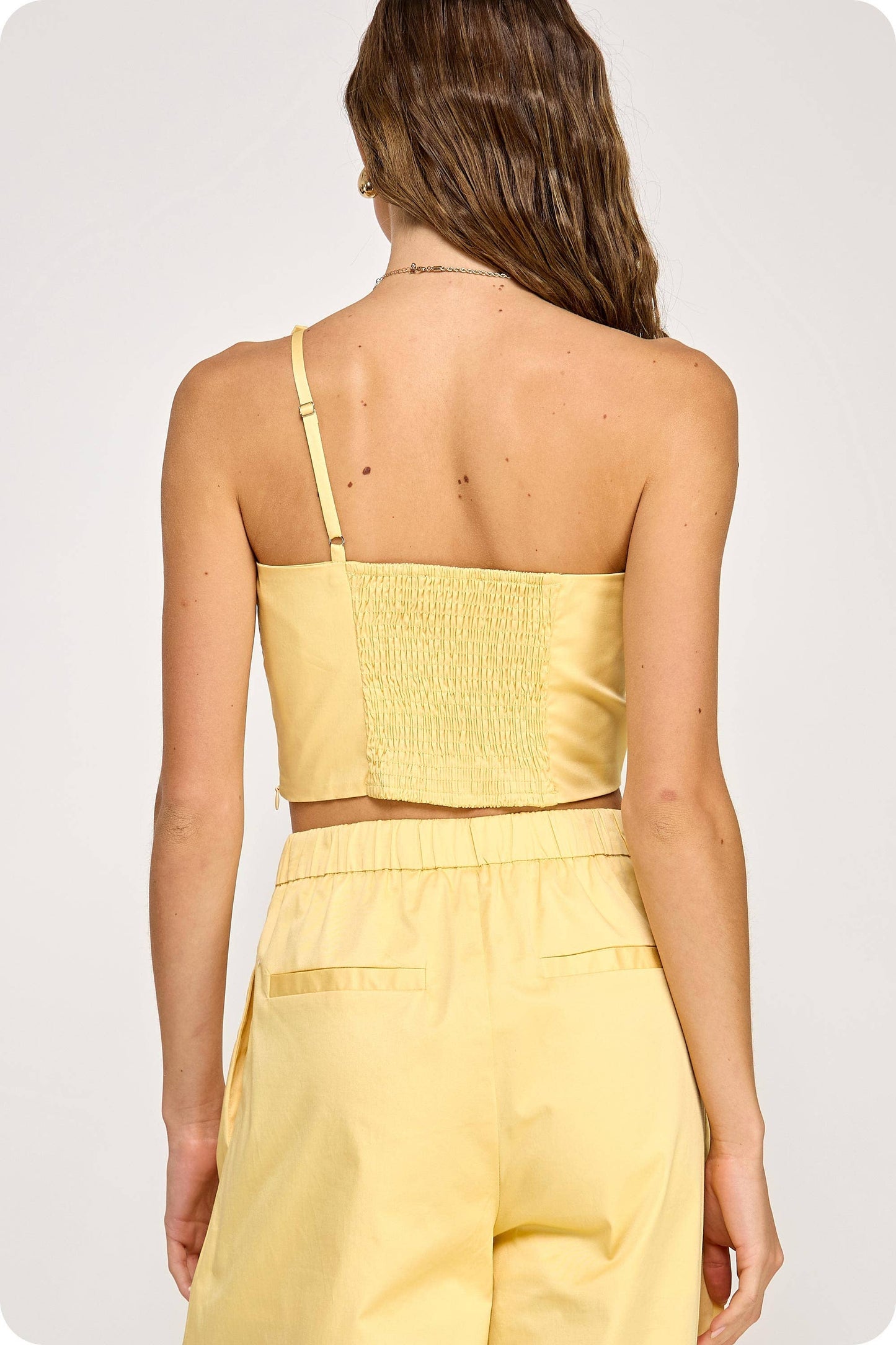 Butter Yellow One-Shoulder Knotted Flower Bow Crop Top