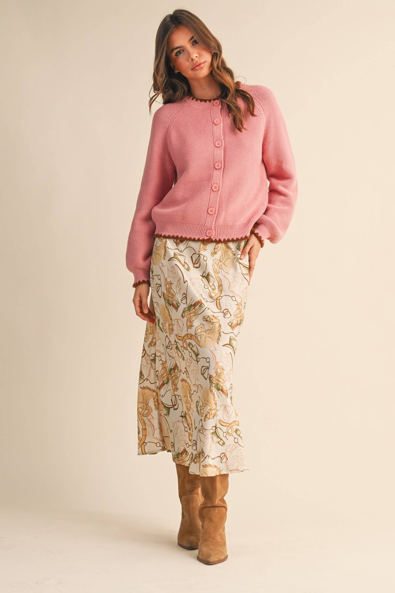 Pink + Brown Cardigan with Contrast Stitch