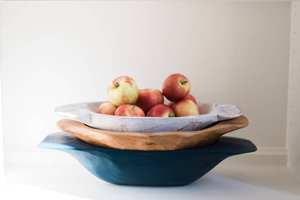 Hand-Carved Navy Blue Pine Wood Serving Dough Bowl