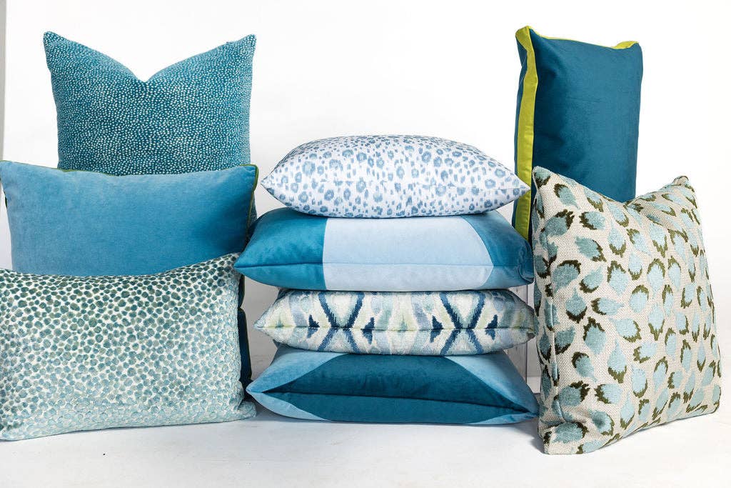 Lottie Mineral -Aqua & Green Spotted Cut Velvet Throw Pillow