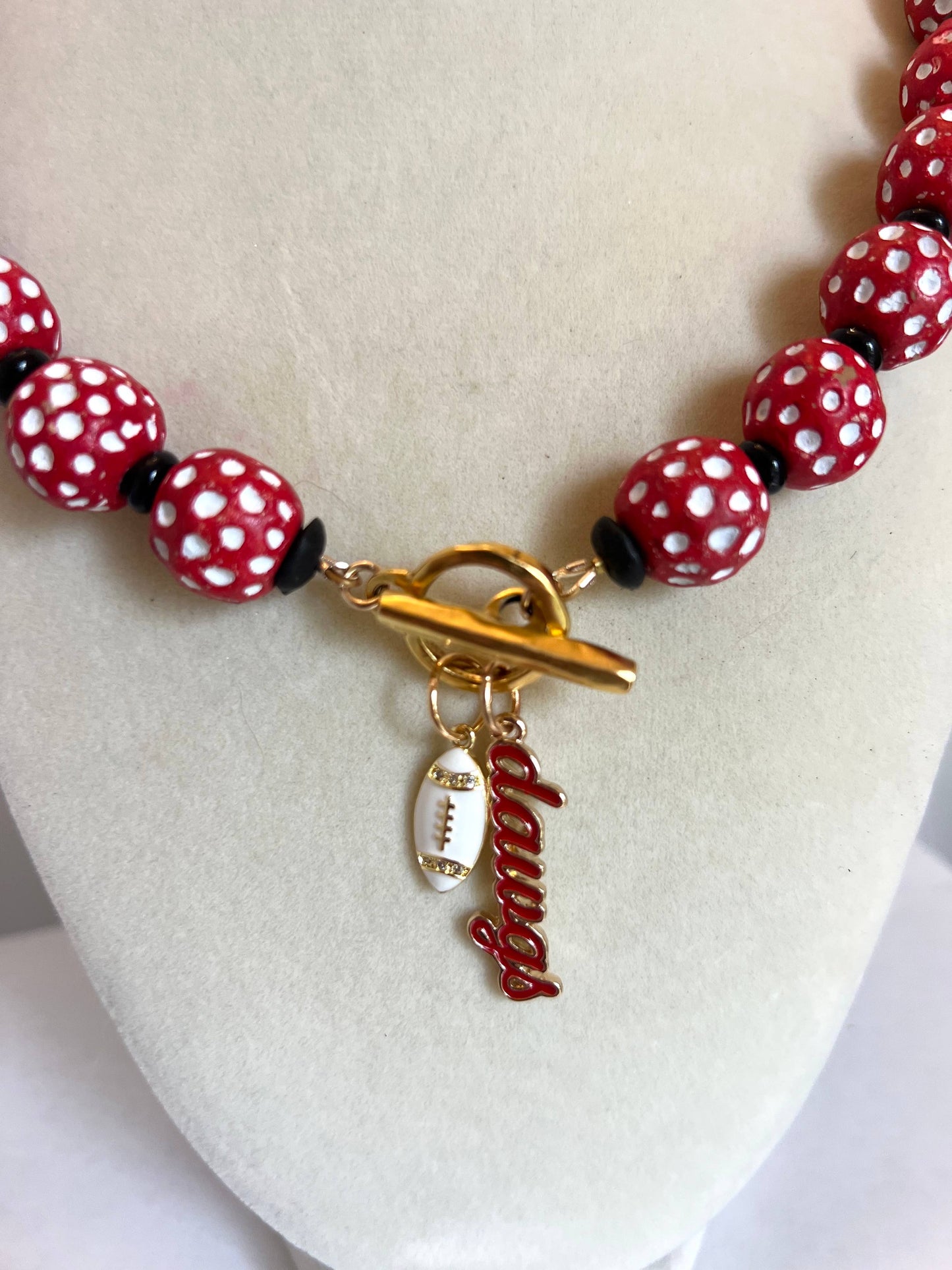 Red & White Polka Dot Beaded UGA Charm Necklace