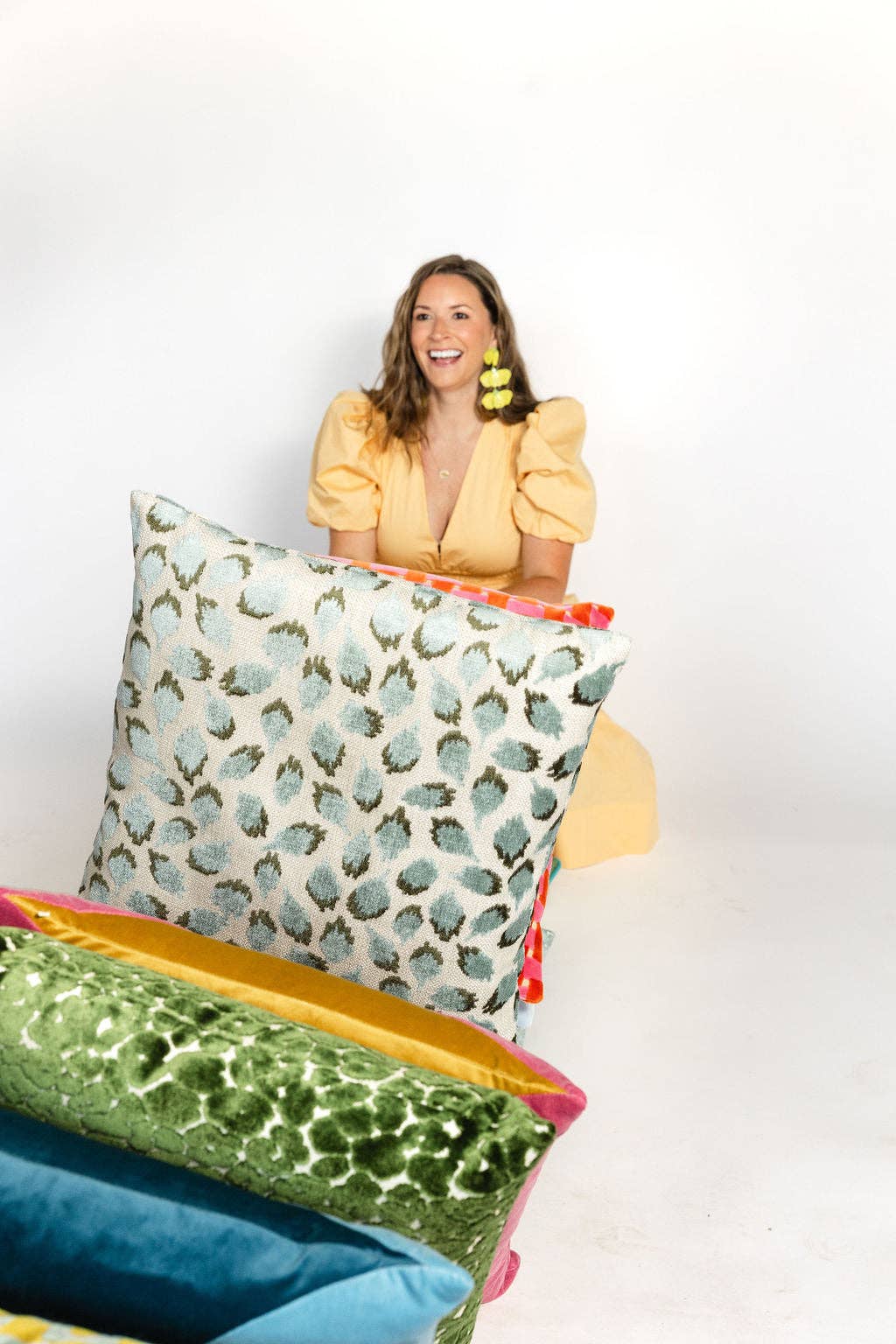 Lottie Mineral -Aqua & Green Spotted Cut Velvet Throw Pillow