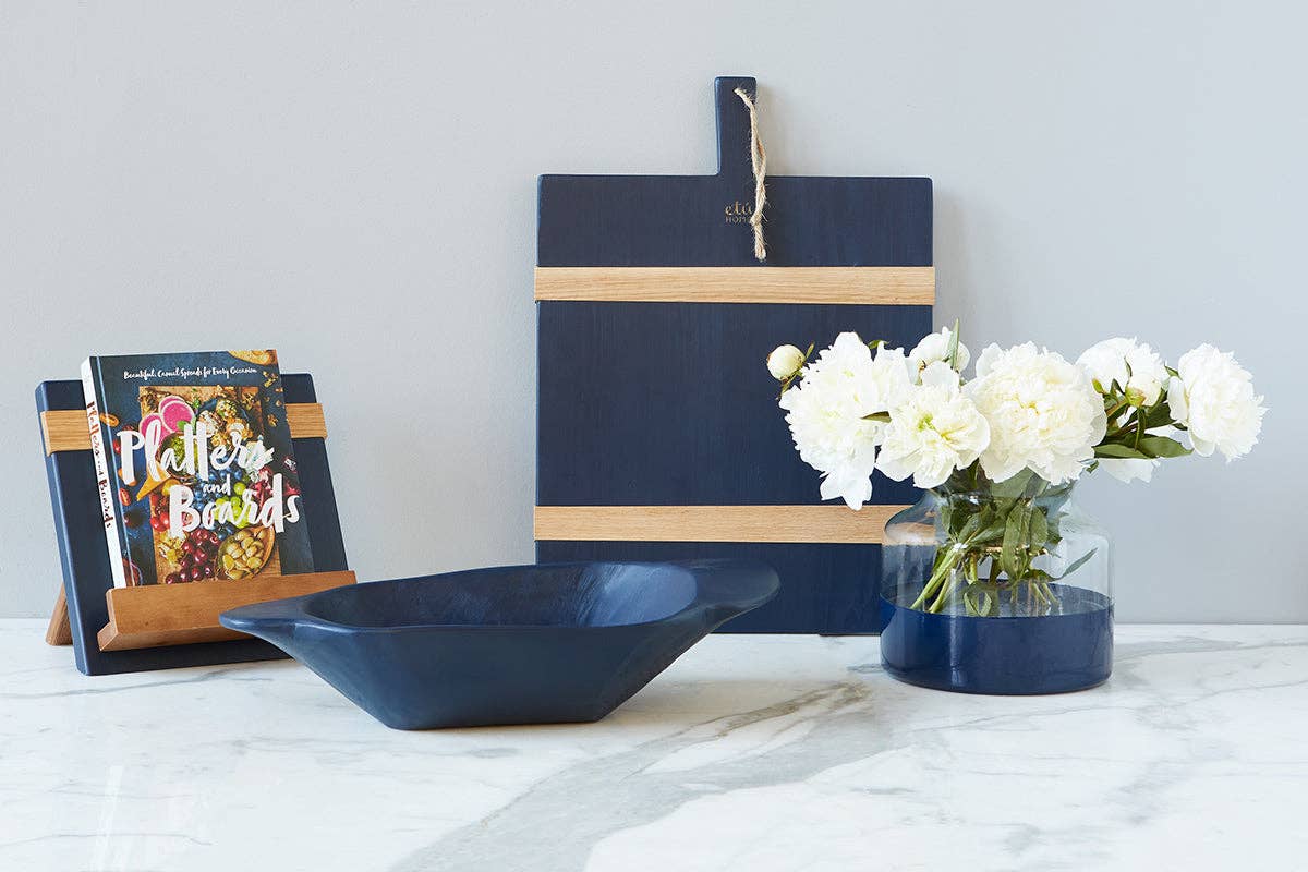 Hand-Carved Navy Blue Pine Wood Serving Dough Bowl
