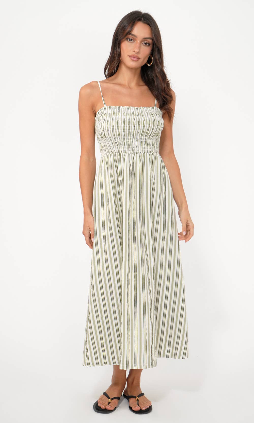 Lanis Stripe Smocking Removable Strap Midi Dress