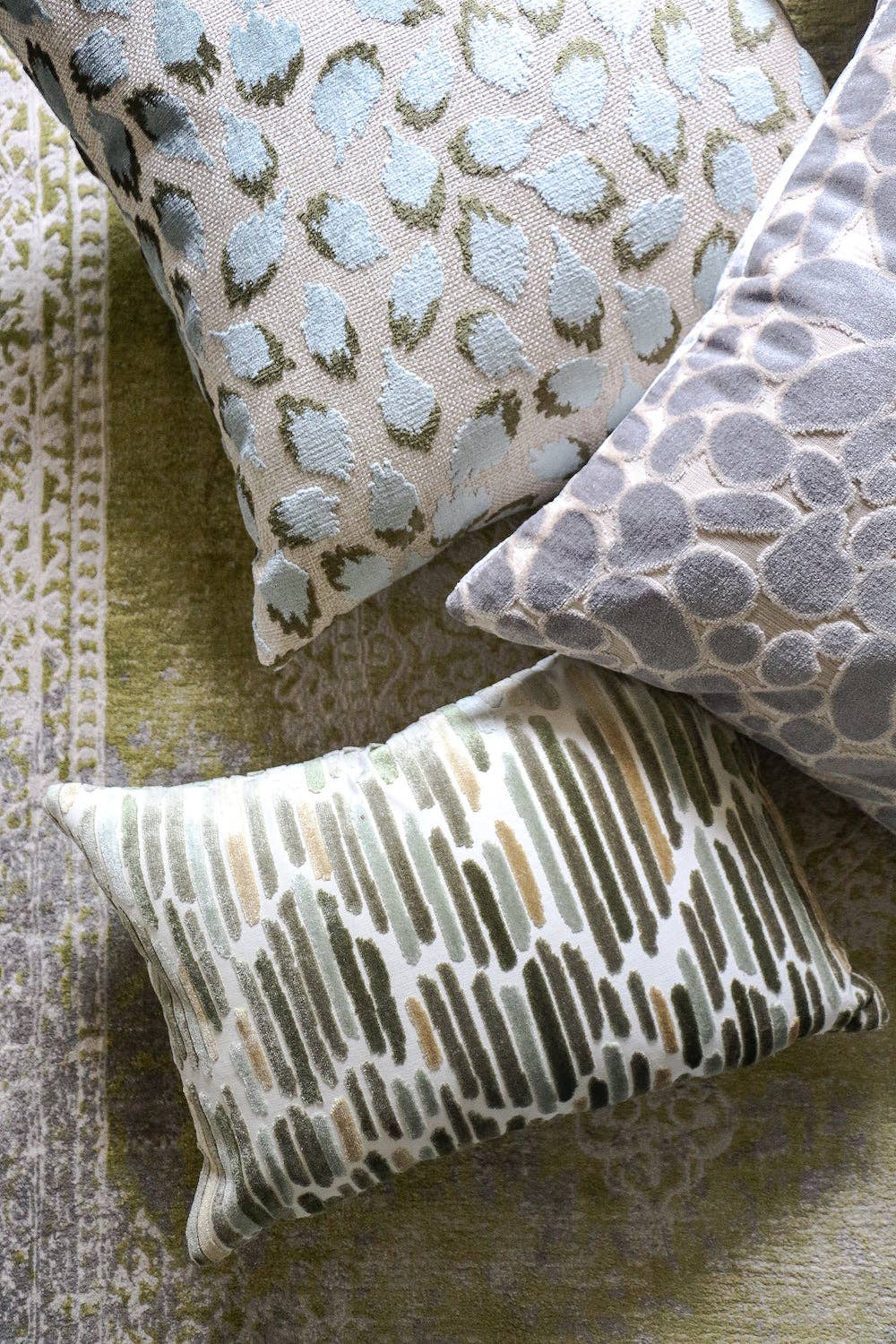Lottie Mineral -Aqua & Green Spotted Cut Velvet Throw Pillow