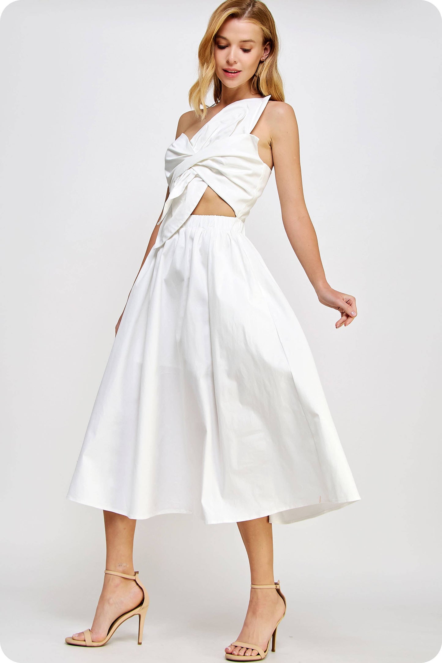 White Knotted Flower Bow Midi Dress