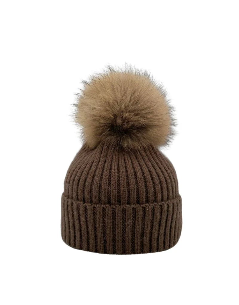 Brown Rib Hat with Pom Pom
