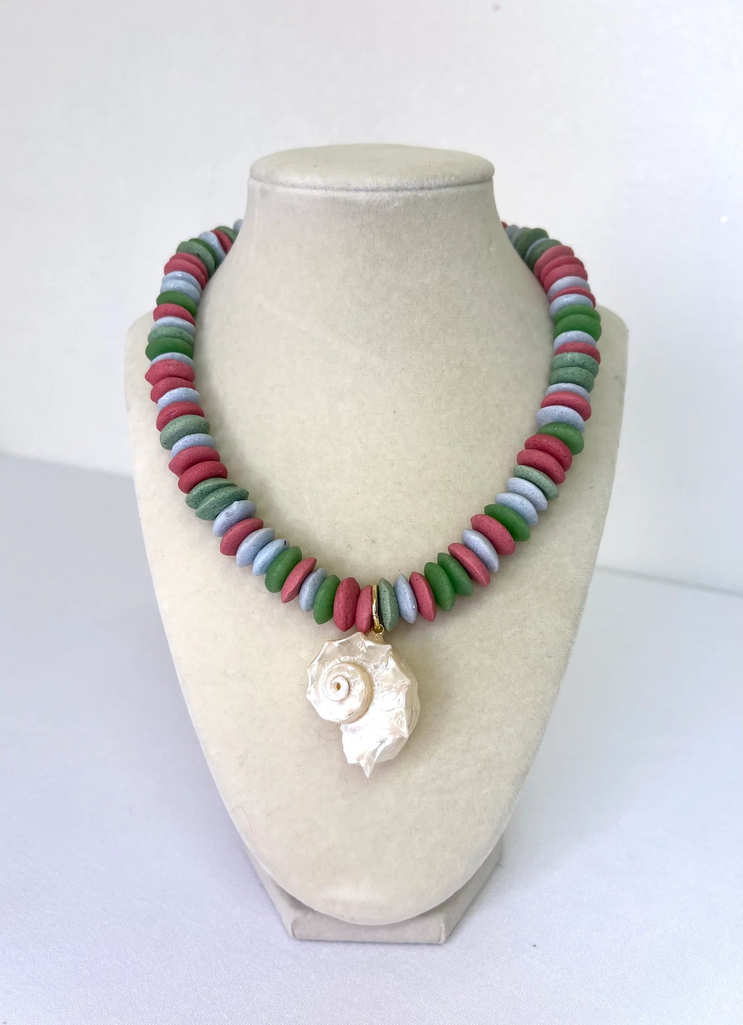 Multi Color Beaded Necklace with Spiral Shell Pendant
