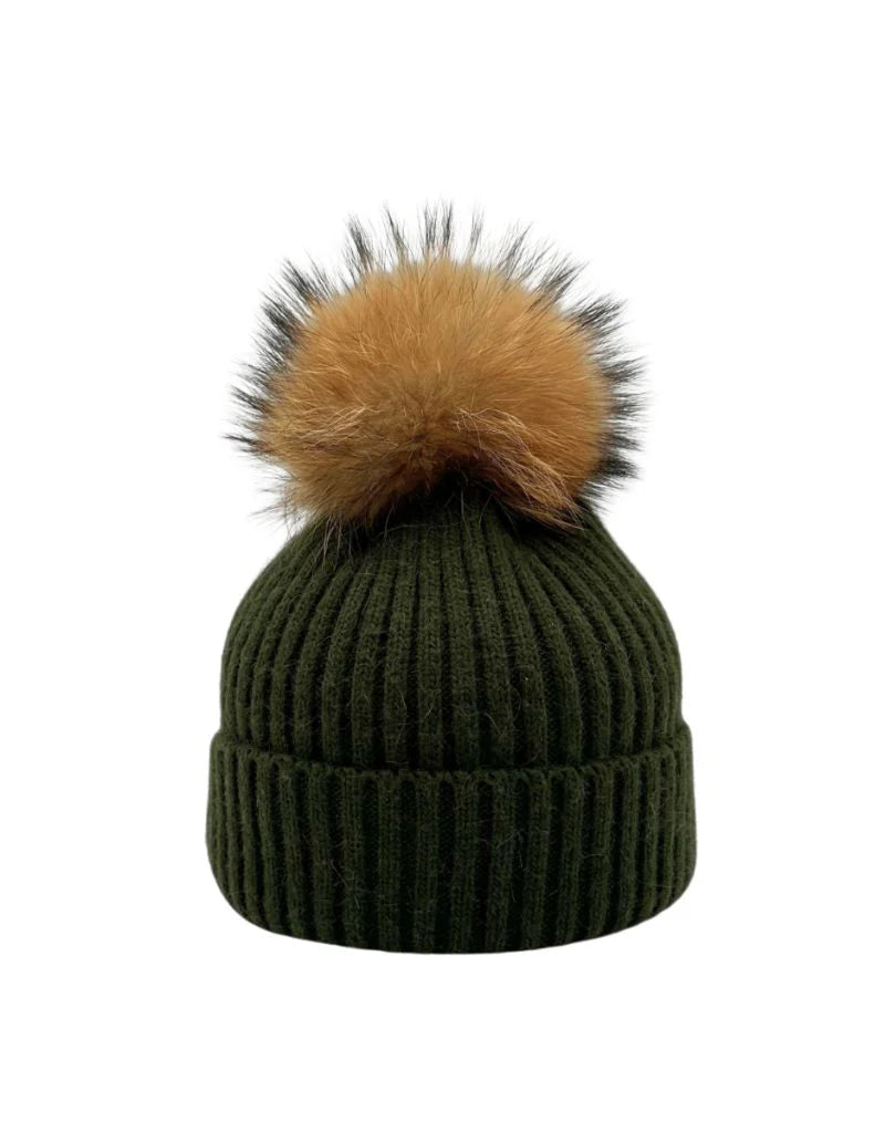 Olive Rib Hat with Pom Pom