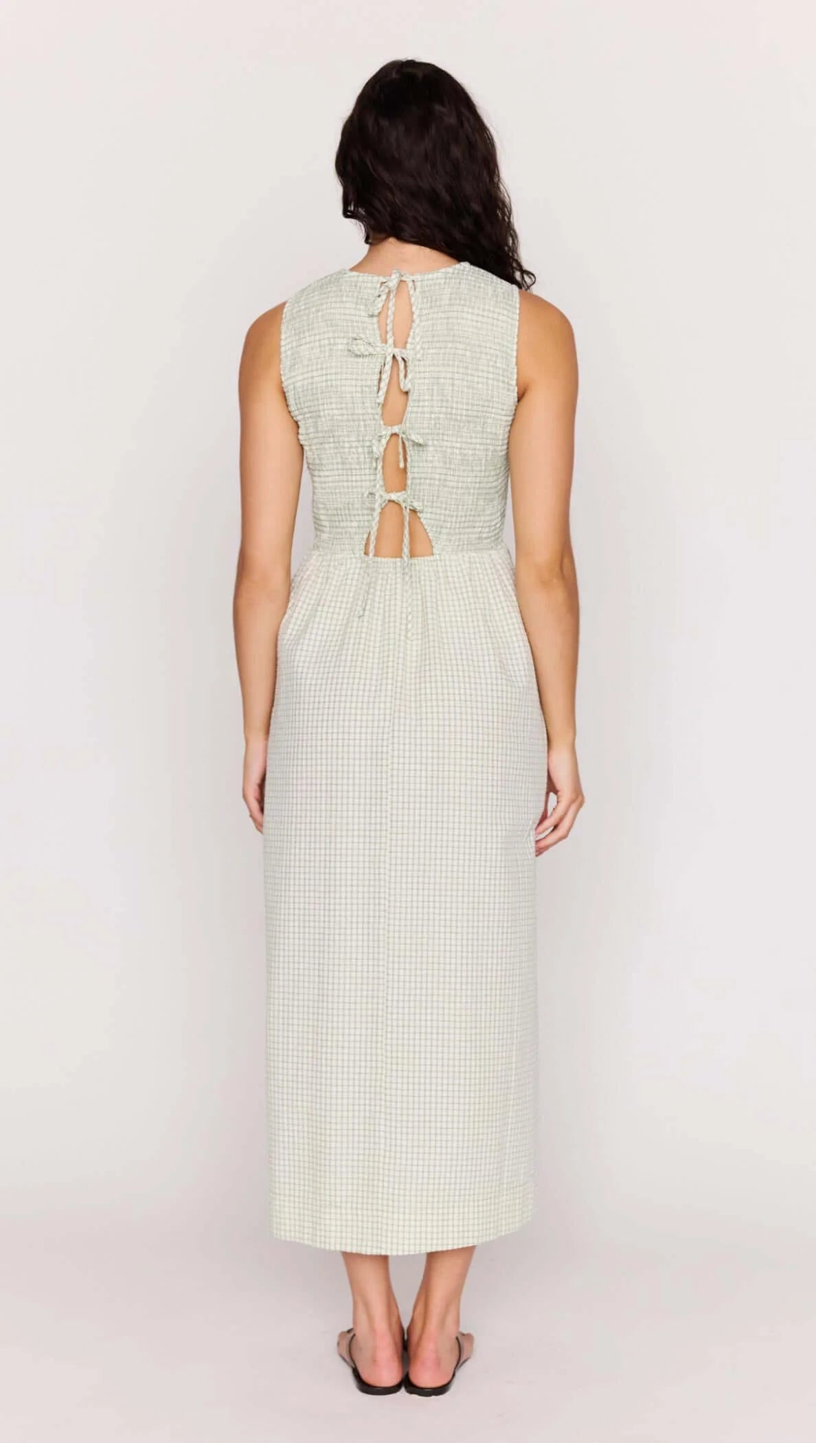 Green Gingham Smocked Midi Dress