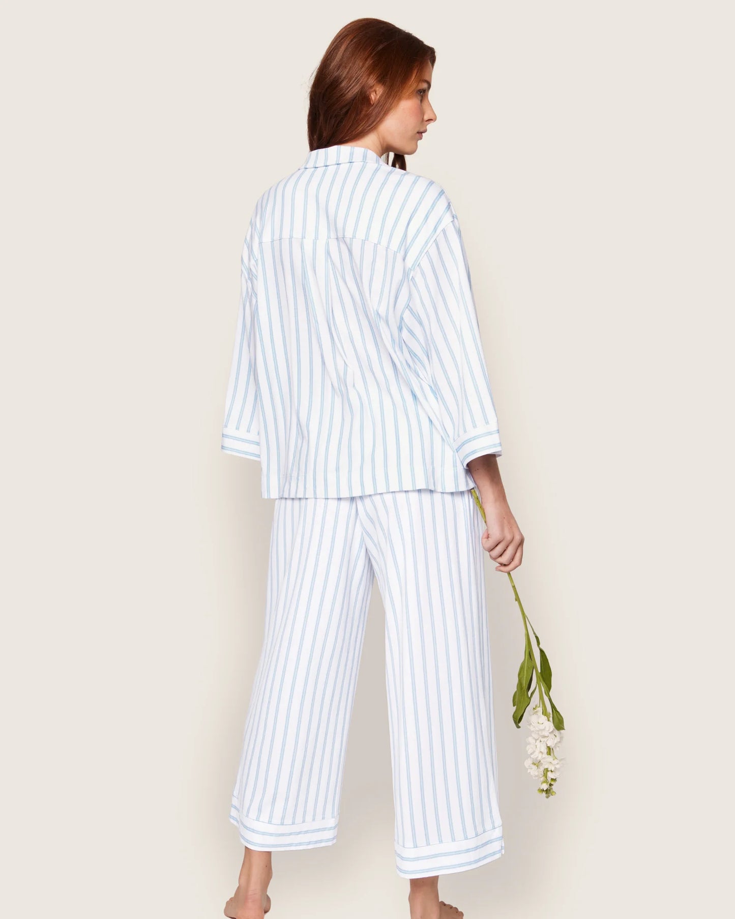 The Olivia Wide Leg Pima Pajama Set in Periwinkle Stripe