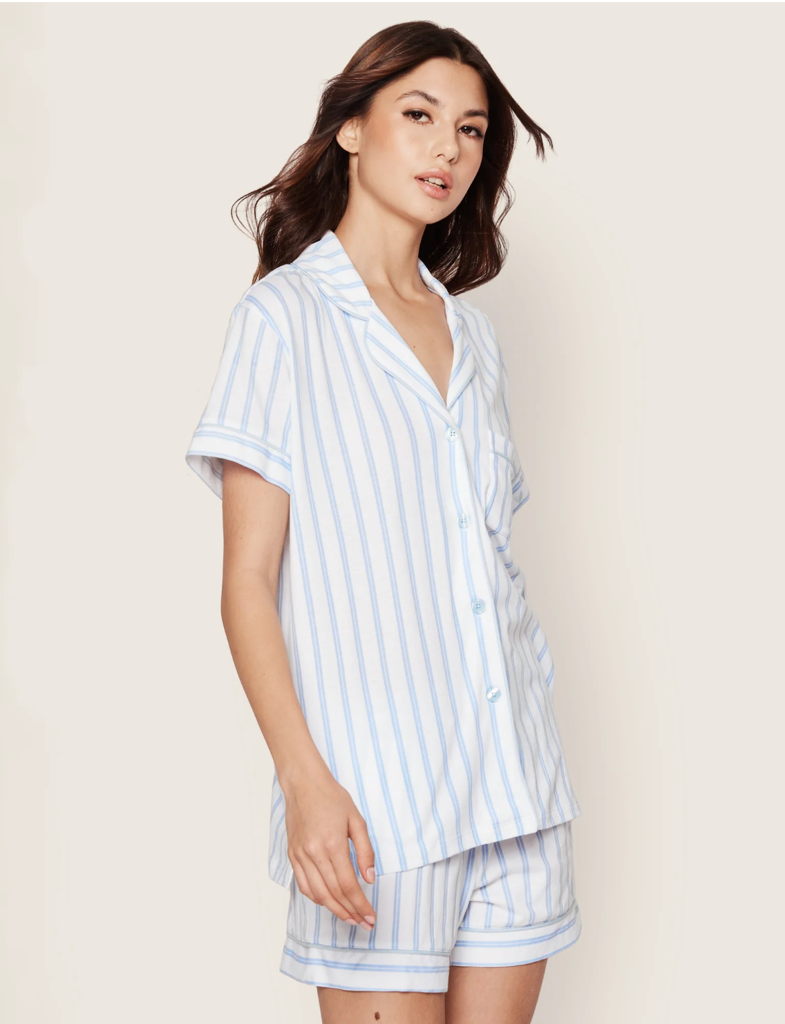 Women's Pima Pajama Short Set in Periwinkle and White Stripe
