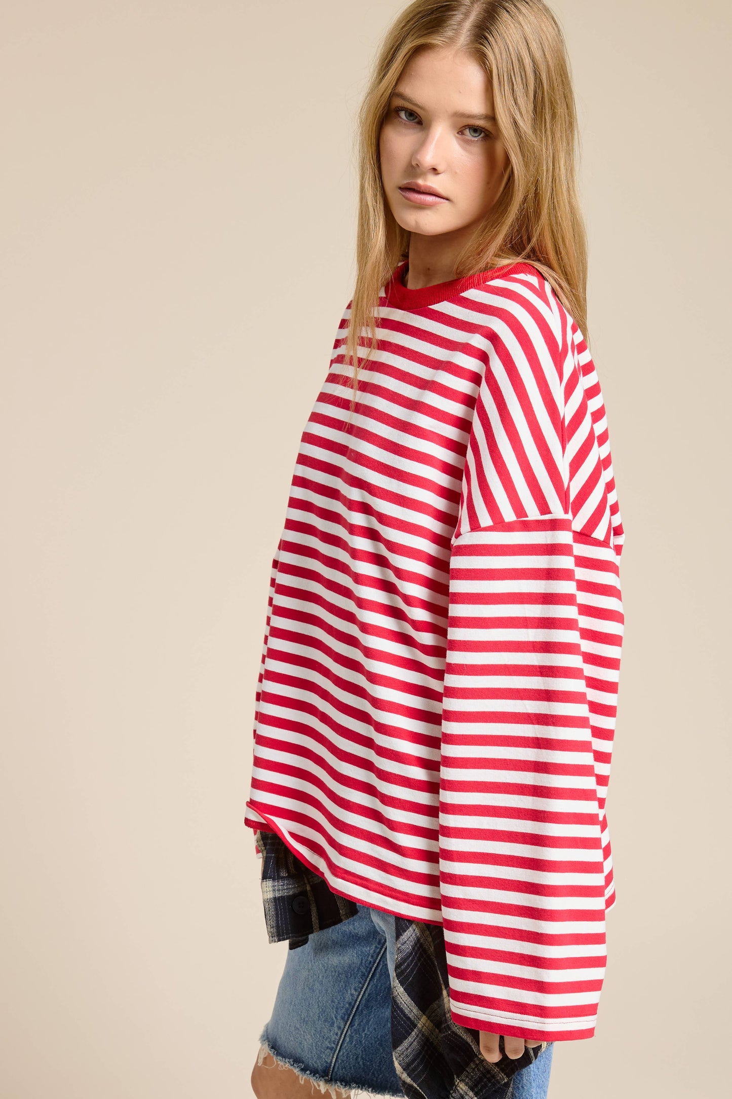 Red and White Striped Terry Oversized Long Sleeve Top