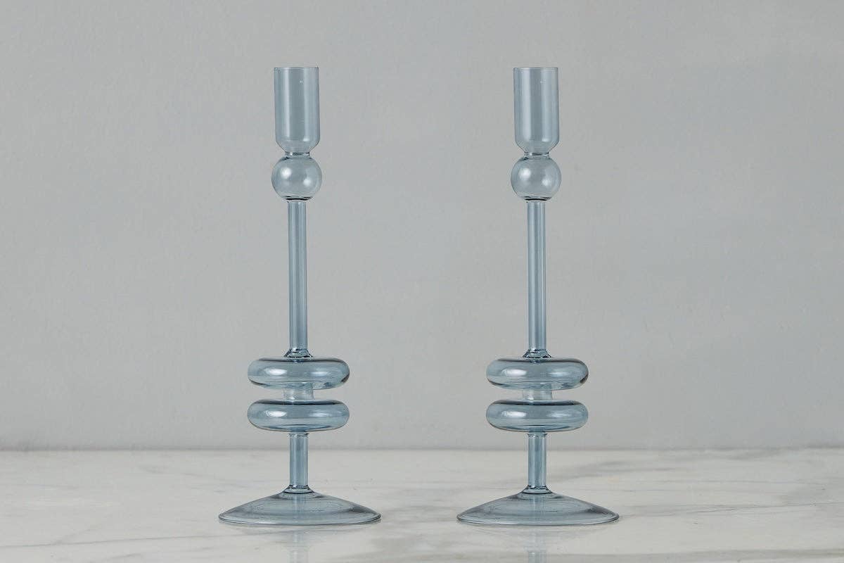 Denim Blue Glass Taper Candlestick Holder Pair, Medium