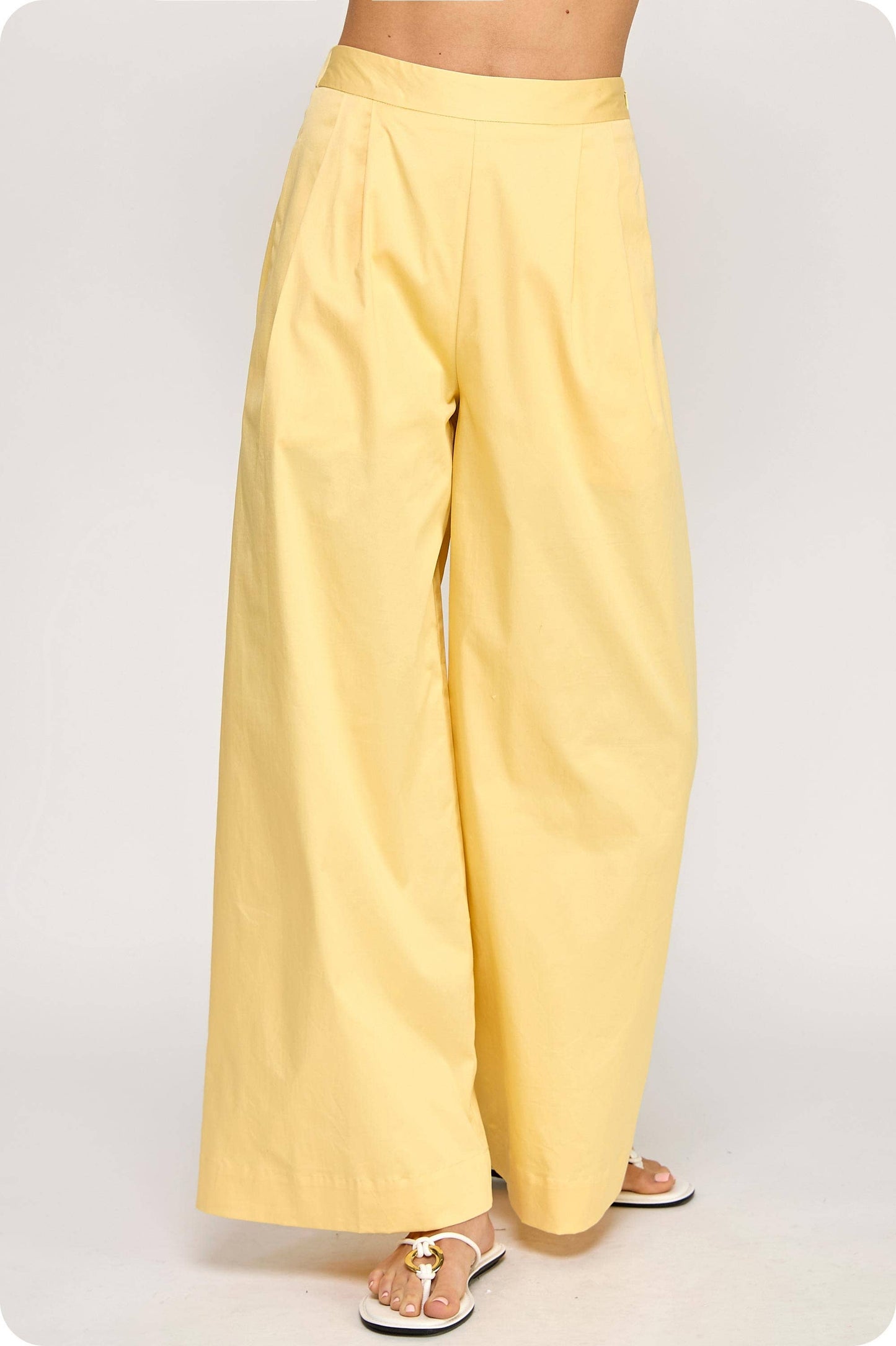 Butter Yellow Pleat Detail Wide Leg Twill Pants