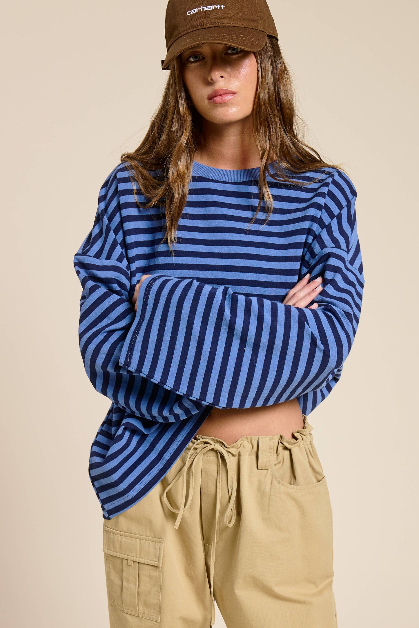 Blue Striped Terry Oversized Long Sleeve Top