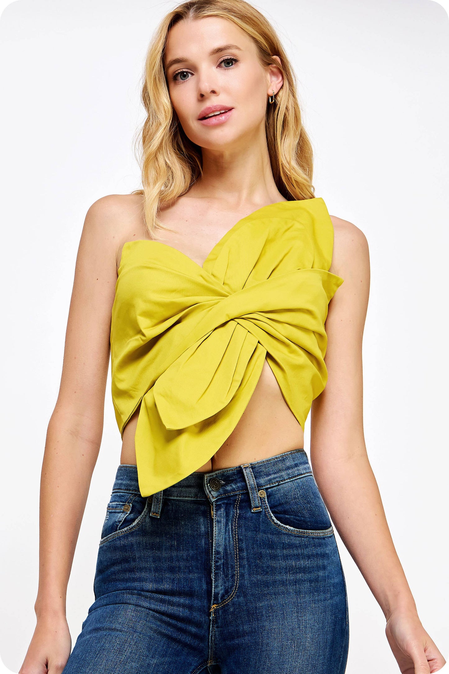 Chartreuse One-Shoulder Knotted Flower Bow Crop Top