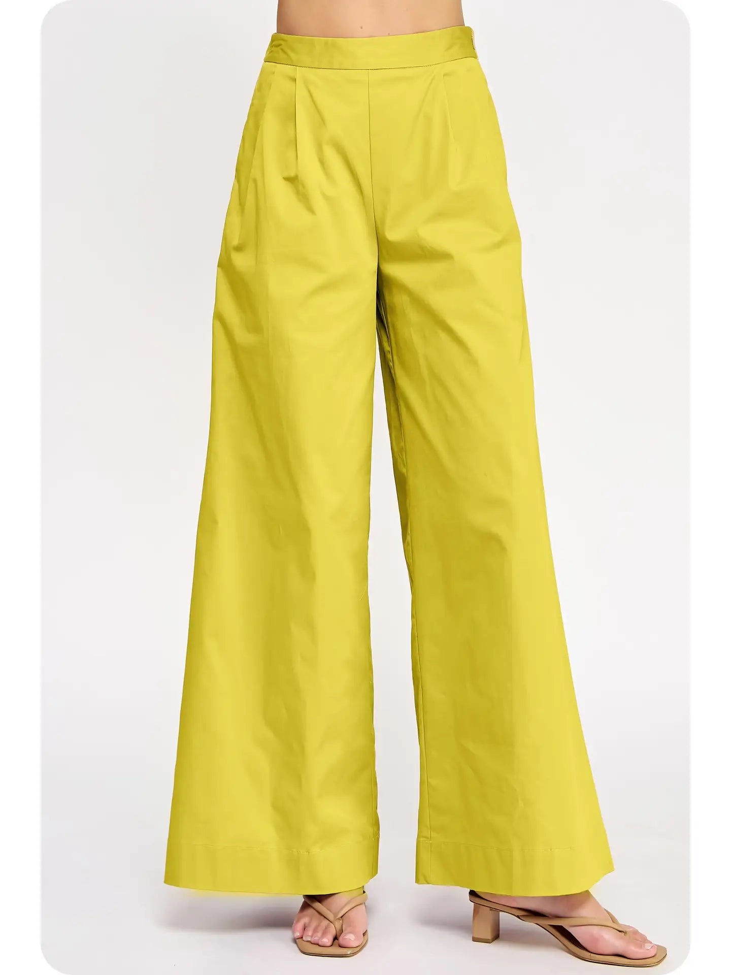 Chartreuse Pleat Detail Wide Leg Twill Pants