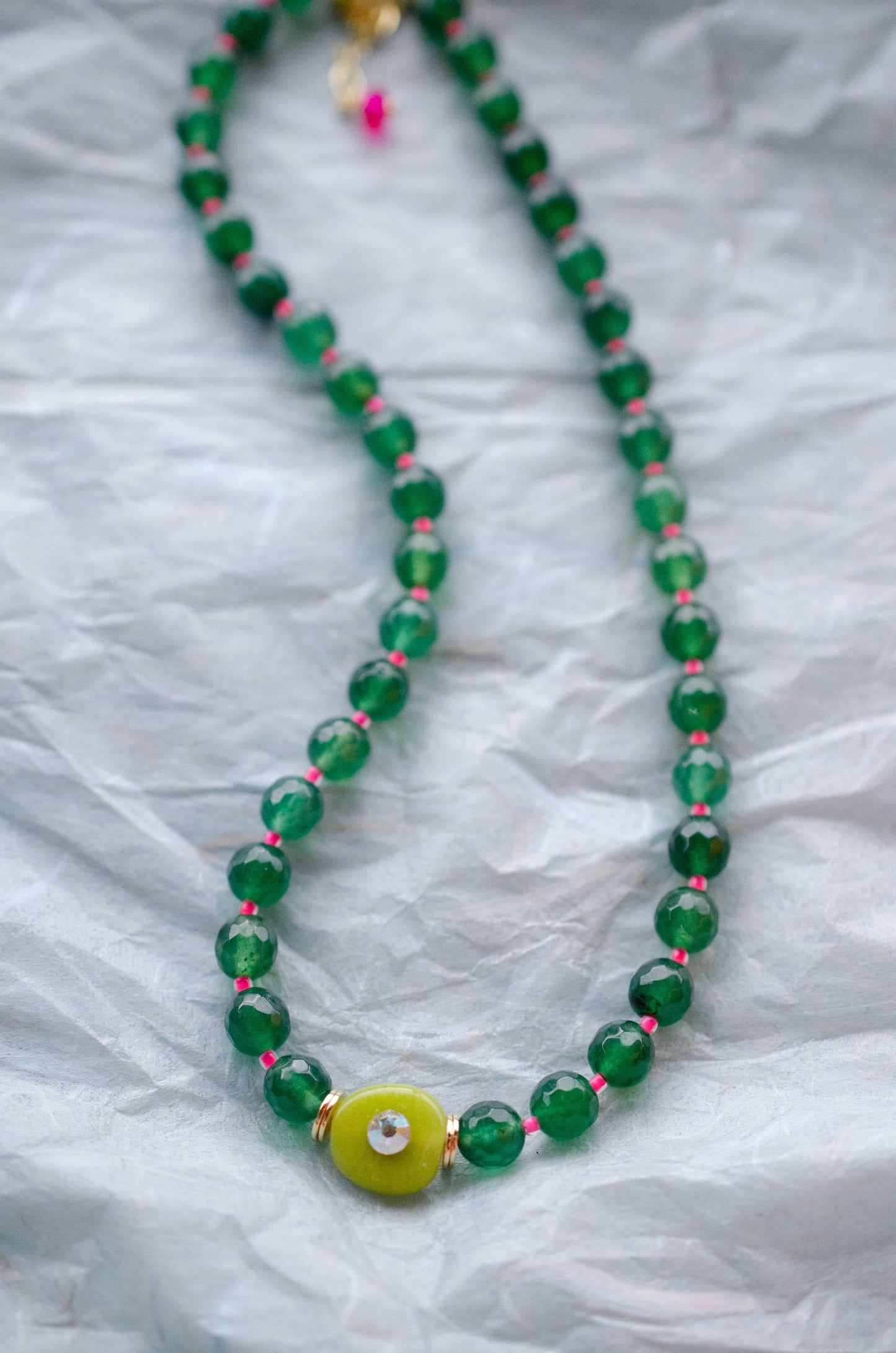Emerald Green and Pink  Beaded Necklace