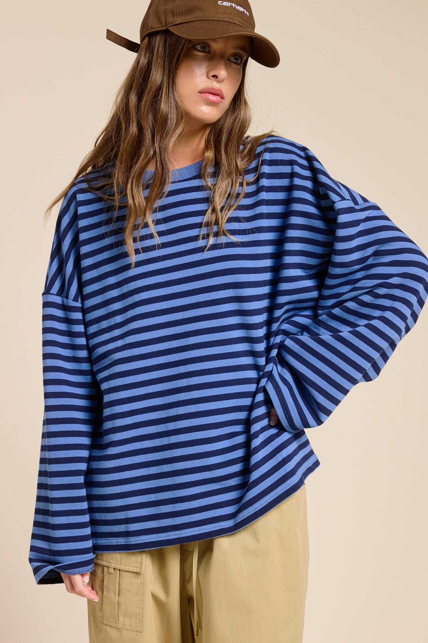 Blue Striped Terry Oversized Long Sleeve Top