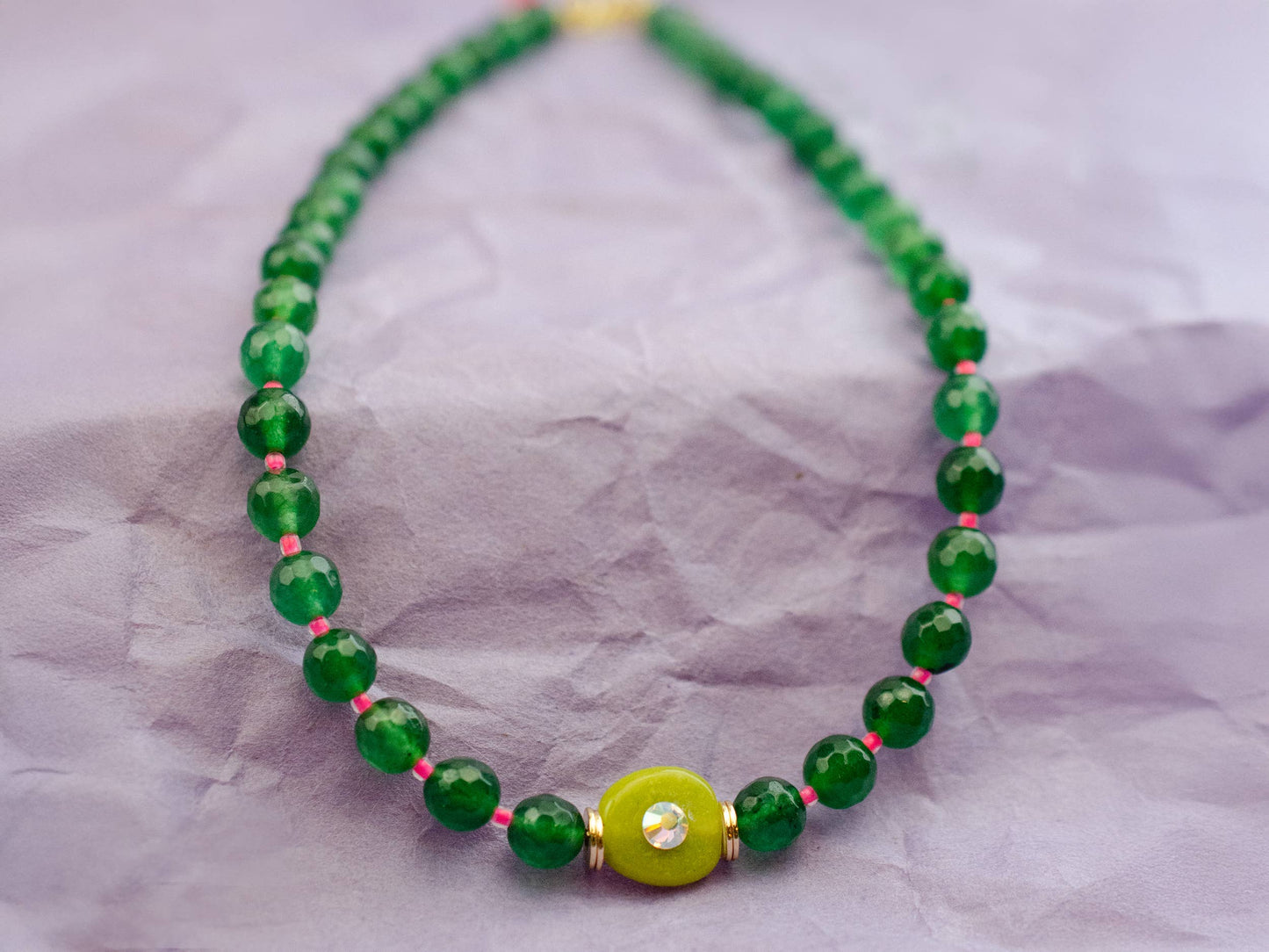 Emerald Green and Pink  Beaded Necklace