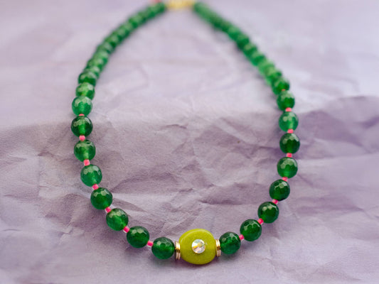 Emerald Green and Pink  Beaded Necklace