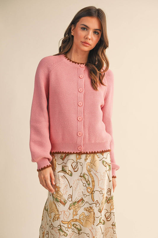 Pink + Brown Cardigan with Contrast Stitch