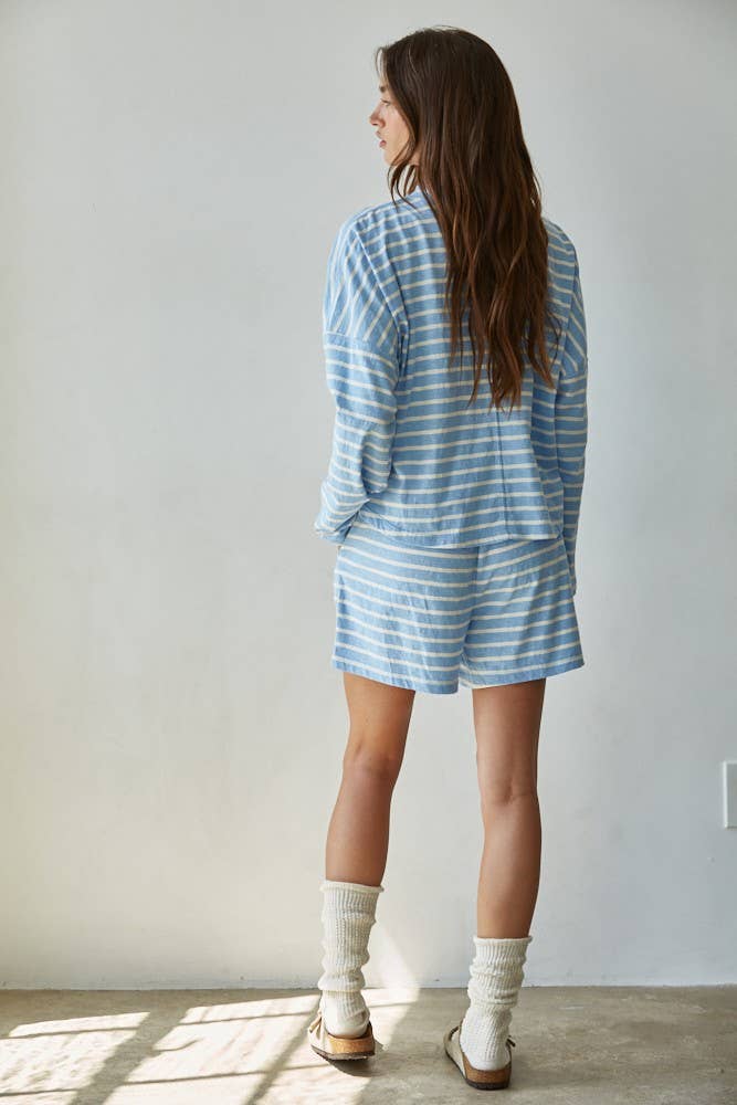 Knit Cotton Striped Mock Neck Long Sleeve