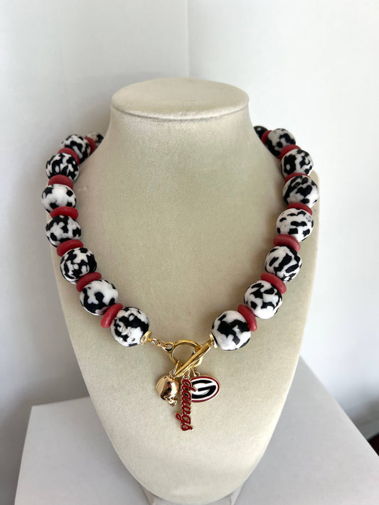 UGA Dawgs Chunky Beaded Football Necklace - Cow Print Bead