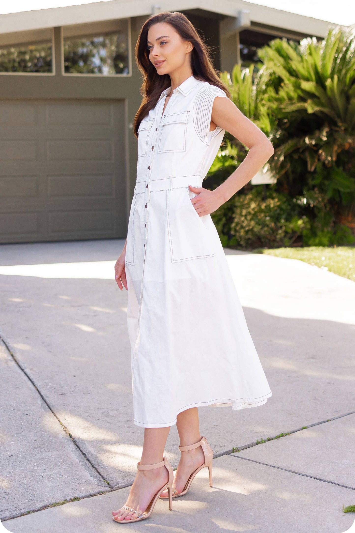Top-Stitch Sleeveless Linen Midi Dress