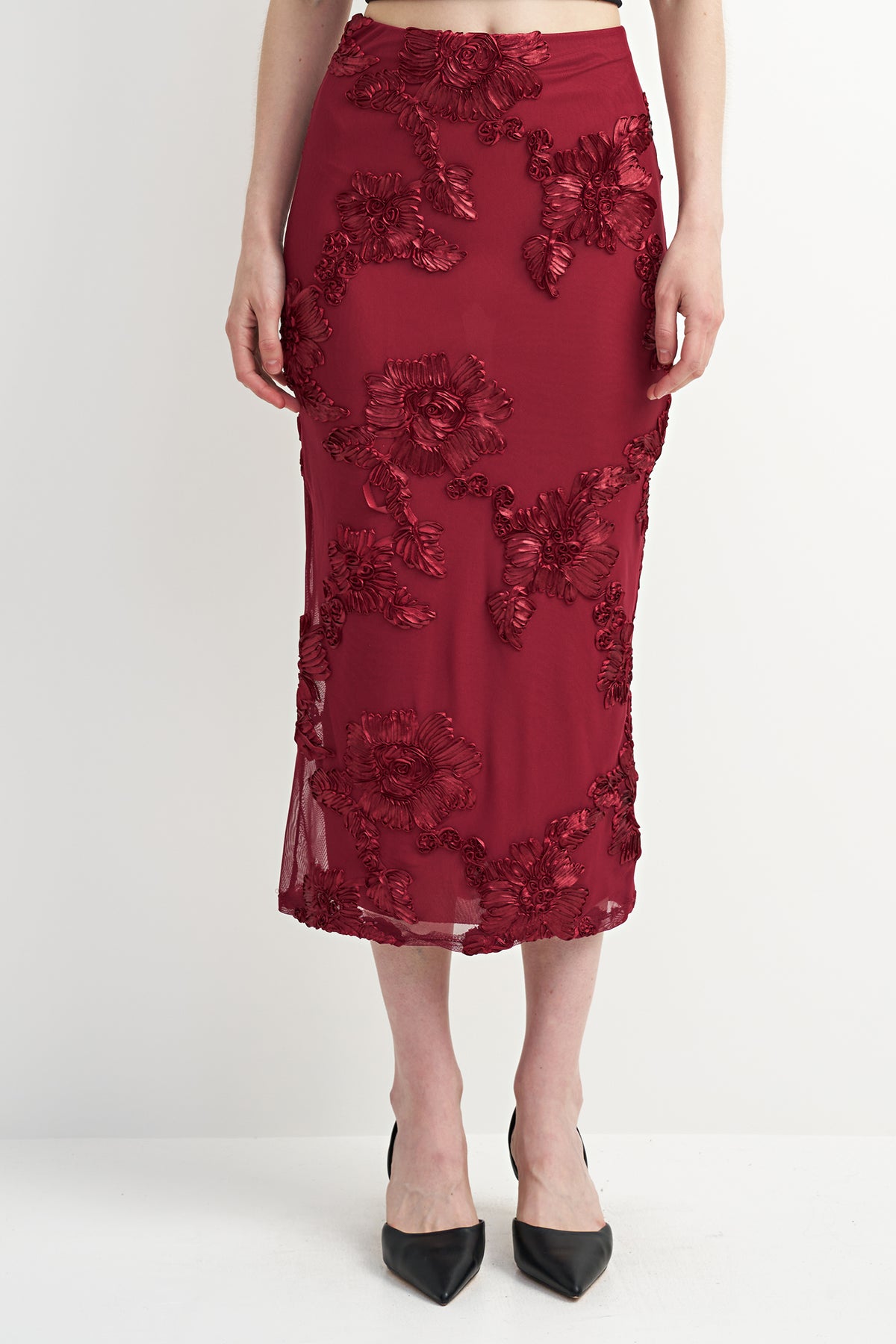 Fitted Floral Midi Skirt | Red