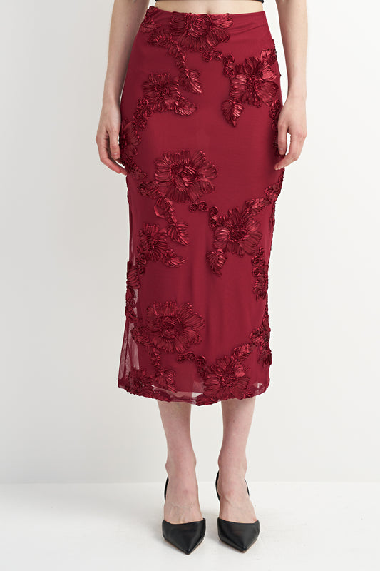 Fitted Floral Midi Skirt | Red