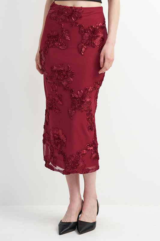 Fitted Floral Midi Skirt | Red