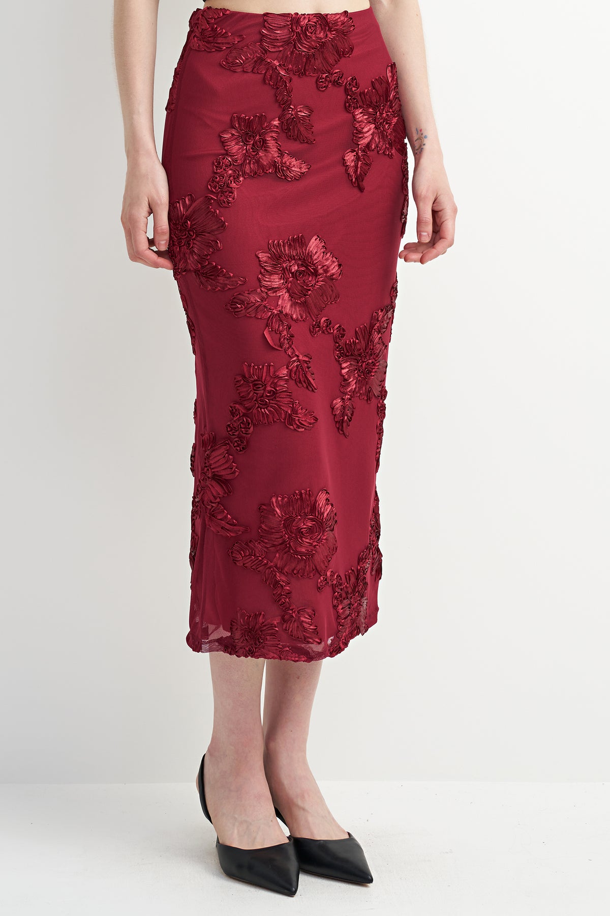 Fitted Floral Midi Skirt | Red