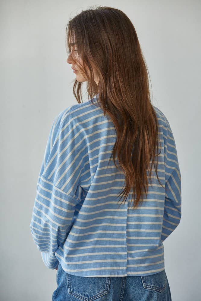 Knit Cotton Striped Mock Neck Long Sleeve