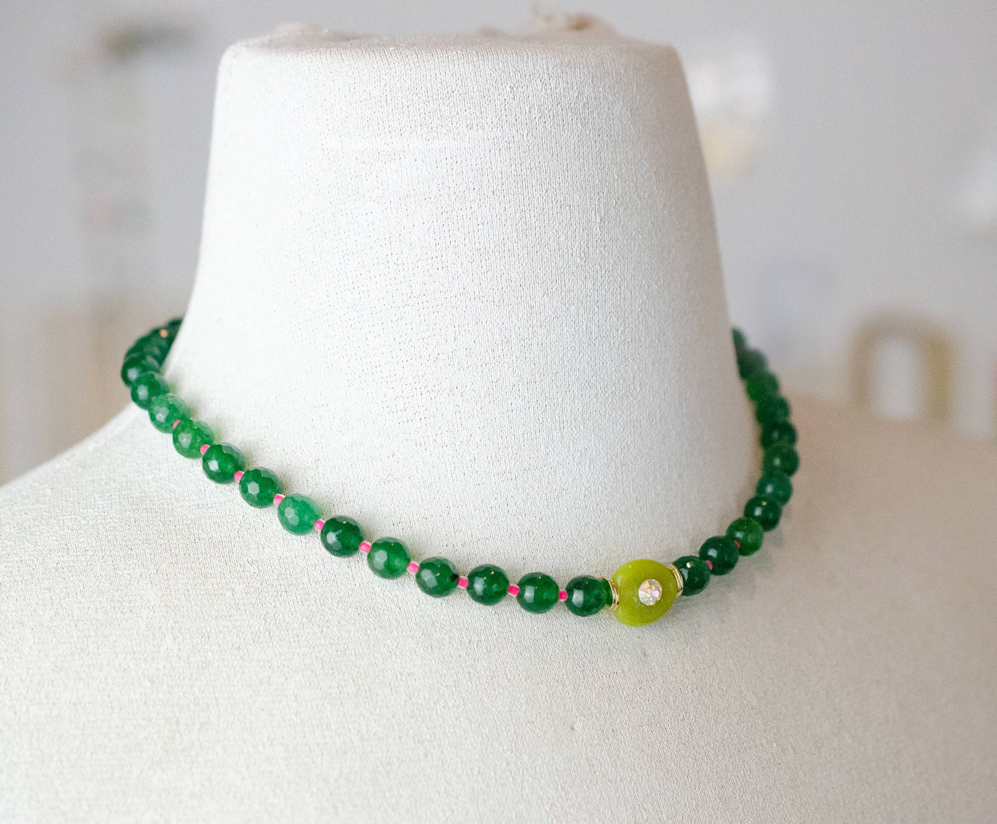 Emerald Green and Pink  Beaded Necklace