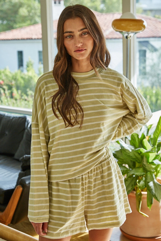 Knit Cotton Striped Elastic Waist Shorts in Lettuce