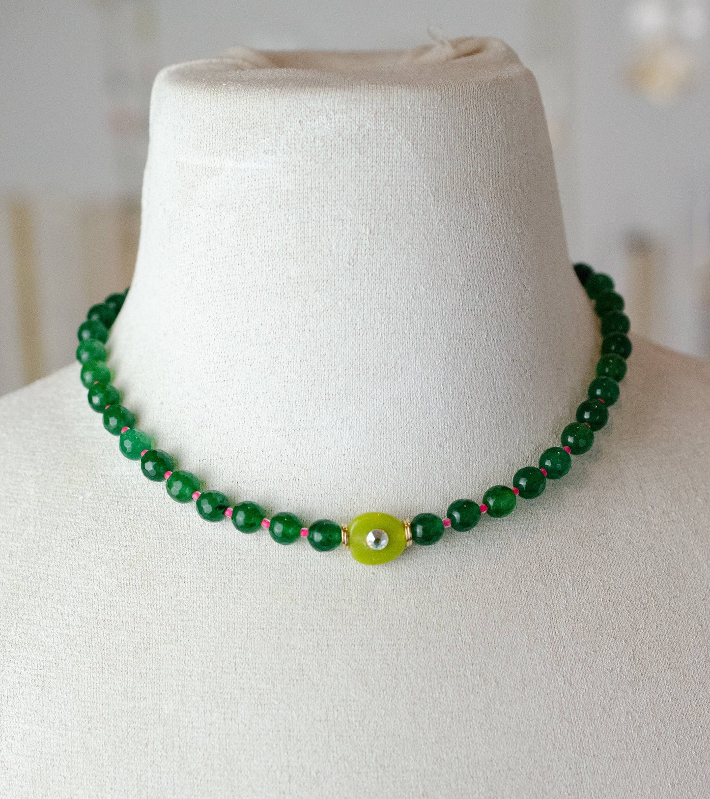 Emerald Green and Pink  Beaded Necklace