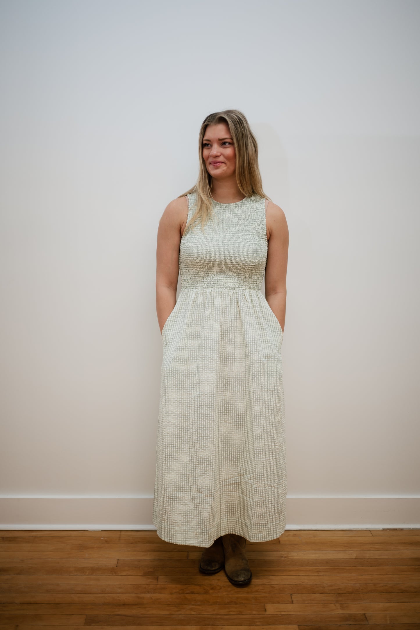 Green Gingham Smocked Midi Dress