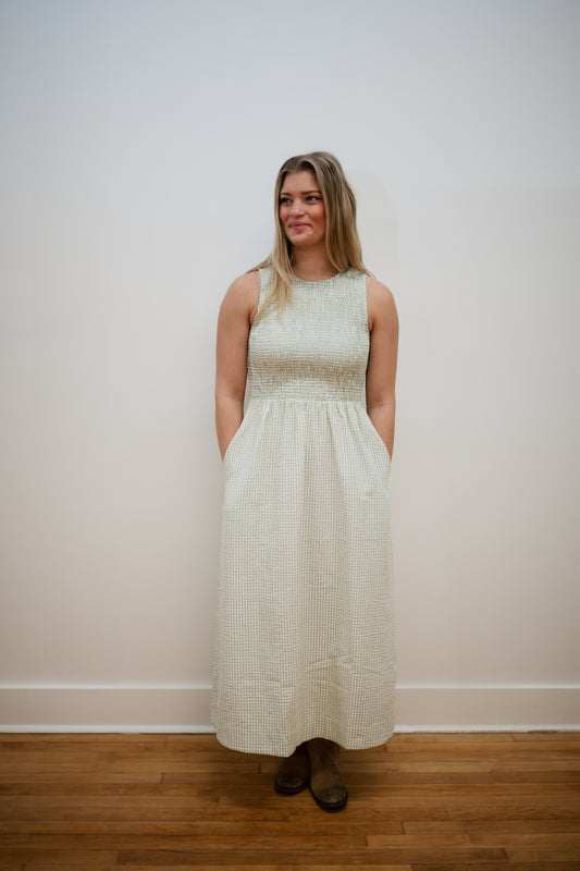 Green Gingham Smocked Midi Dress