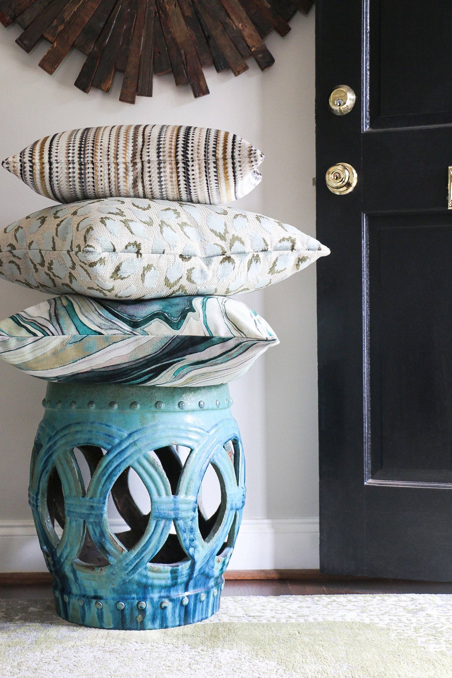 Lottie Mineral -Aqua & Green Spotted Cut Velvet Throw Pillow