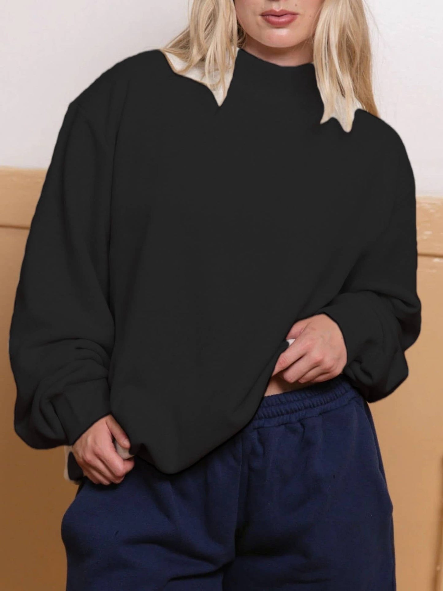 Cotton blend Fleece Oversized mock neck sweatshirt in solid