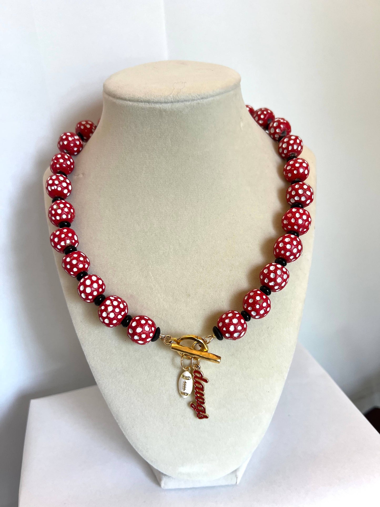 Red & White Polka Dot Beaded UGA Charm Necklace