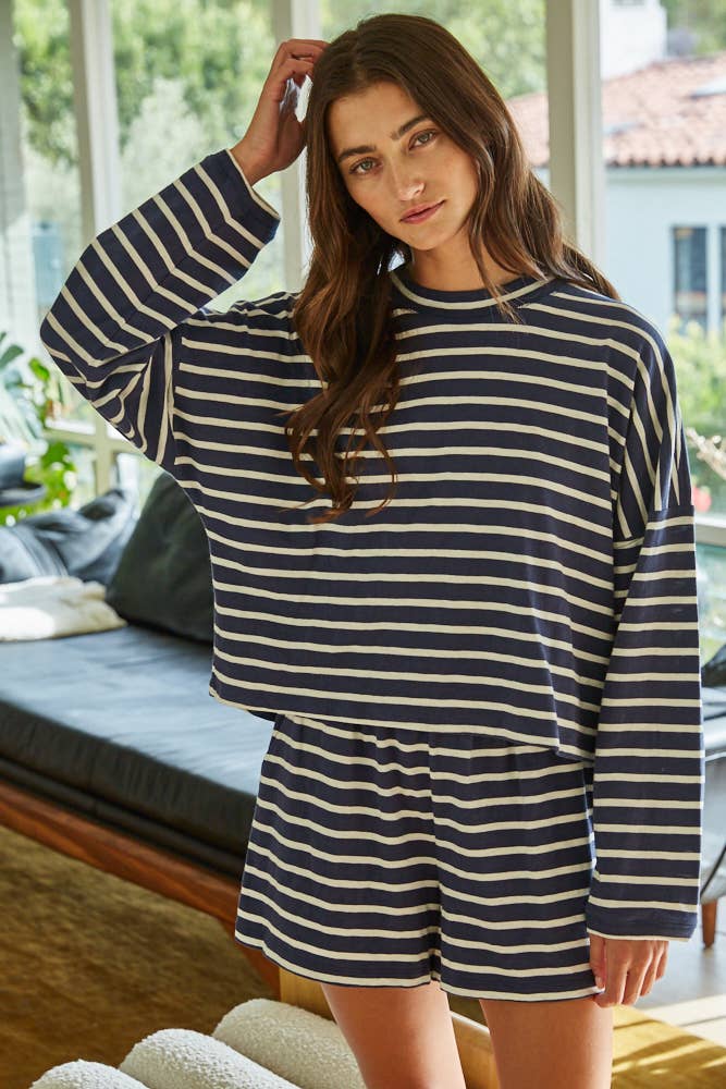 L8797T | Knit Cotton Striped Mock Neck Long Sleeve